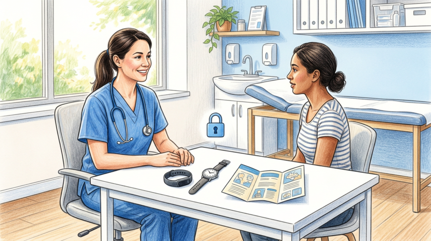 Nurse and patient in a bright clinic reviewing a wearable health device and a tablet.