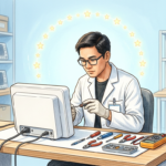 Clinical engineer inspecting a plain medical monitor in a bright device lab with EU stars.