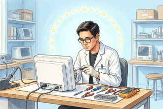 Clinical engineer inspecting a plain medical monitor in a bright device lab with EU stars.