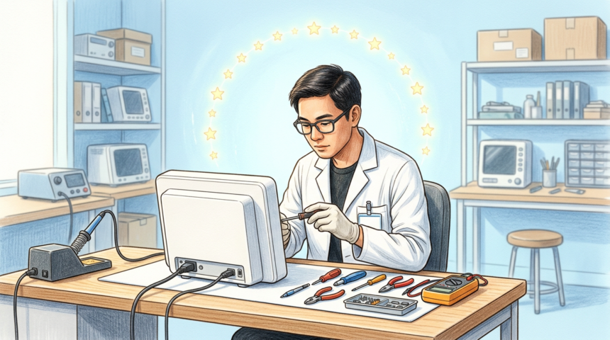 Clinical engineer inspecting a plain medical monitor in a bright device lab with EU stars.