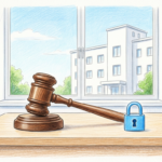 A gavel on a desk in front of a window looking out at a hospital building.