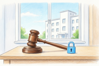 A gavel on a desk in front of a window looking out at a hospital building.