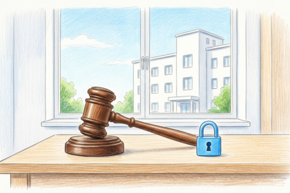 A gavel on a desk in front of a window looking out at a hospital building.