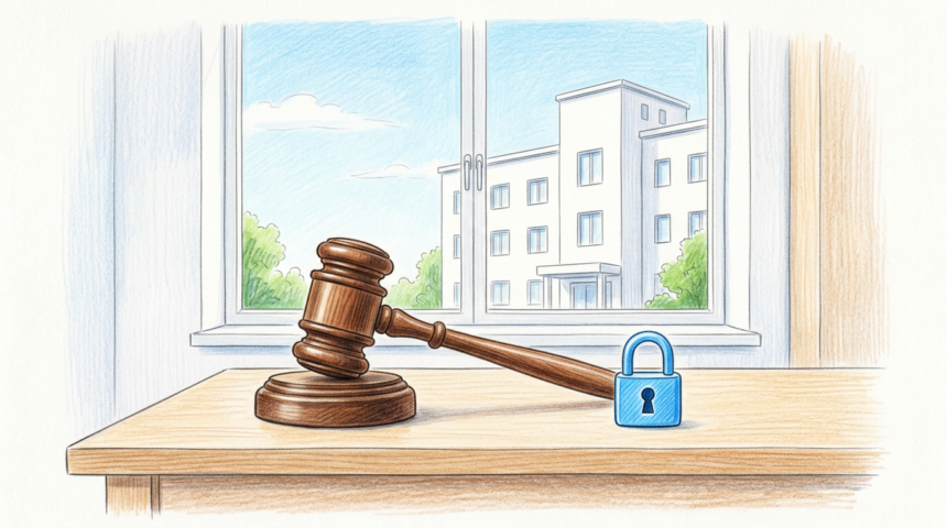 A gavel on a desk in front of a window looking out at a hospital building.