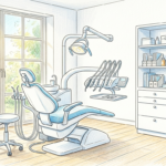 Bright dental treatment room with a dental chair and a padlock icon.