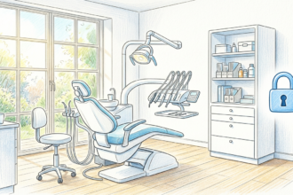 Bright dental treatment room with a dental chair and a padlock icon.