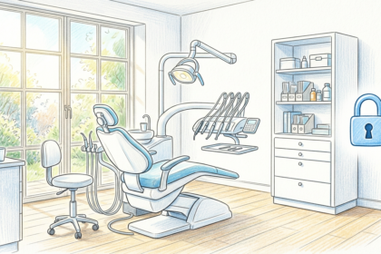 Bright dental treatment room with a dental chair and a padlock icon.