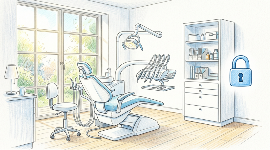 Bright dental treatment room with a dental chair and a padlock icon.