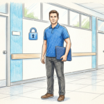 Healthcare IT technician with a laptop in a bright hospital corridor and a padlock icon.