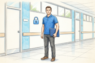 Healthcare IT technician with a laptop in a bright hospital corridor and a padlock icon.