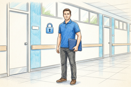 Healthcare IT technician with a laptop in a bright hospital corridor and a padlock icon.