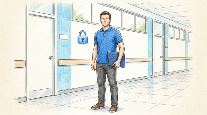 Healthcare IT technician with a laptop in a bright hospital corridor and a padlock icon.