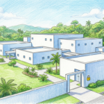Hand-drawn illustration of a Malaysian pharmaceutical manufacturing campus with a padlock