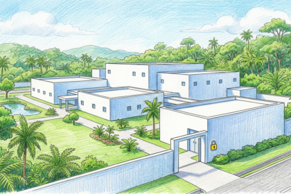 Hand-drawn illustration of a Malaysian pharmaceutical manufacturing campus with a padlock