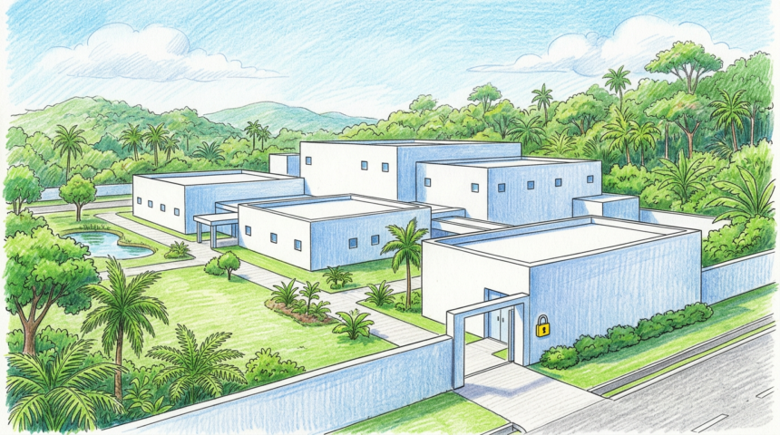 Hand-drawn illustration of a Malaysian pharmaceutical manufacturing campus with a padlock