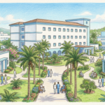 Hand-drawn illustration of a Latin American hospital campus with palm trees