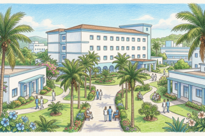 Hand-drawn illustration of a Latin American hospital campus with palm trees