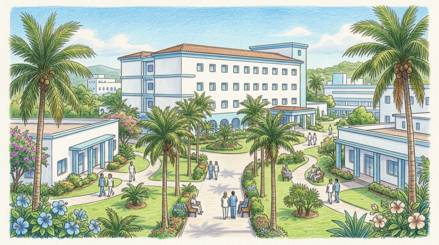 Hand-drawn illustration of a Latin American hospital campus with palm trees