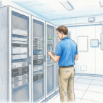 Hand-drawn illustration of a healthcare IT operations room with plain server racks