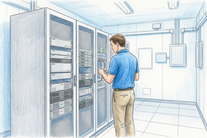 Hand-drawn illustration of a healthcare IT operations room with plain server racks