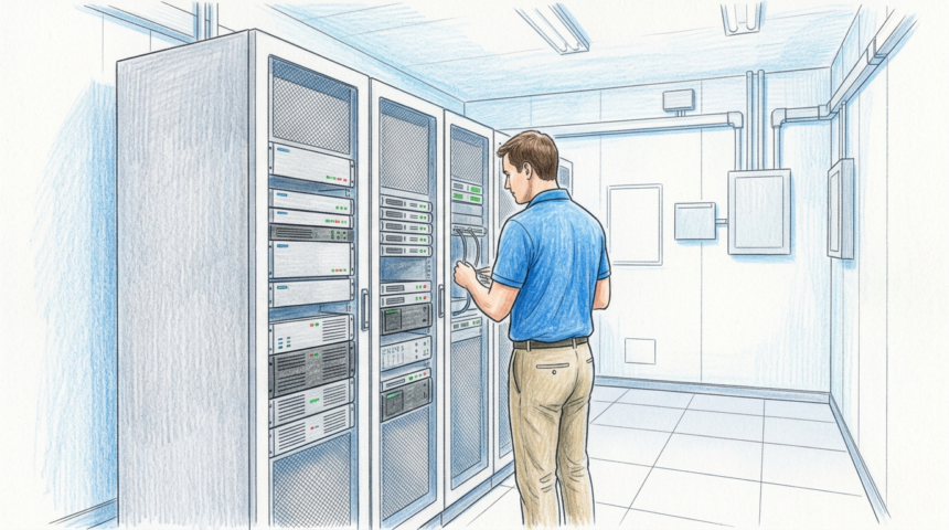 Hand-drawn illustration of a healthcare IT operations room with plain server racks