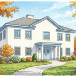 Hand-drawn illustration of a New England community hospital exterior in autumn