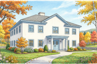 Hand-drawn illustration of a New England community hospital exterior in autumn