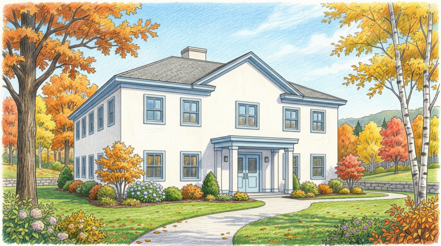 Hand-drawn illustration of a New England community hospital exterior in autumn