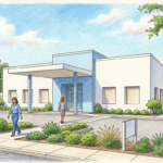 Hand-drawn illustration of a modern women's health clinic exterior in Texas