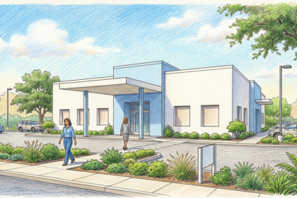 Hand-drawn illustration of a modern women's health clinic exterior in Texas