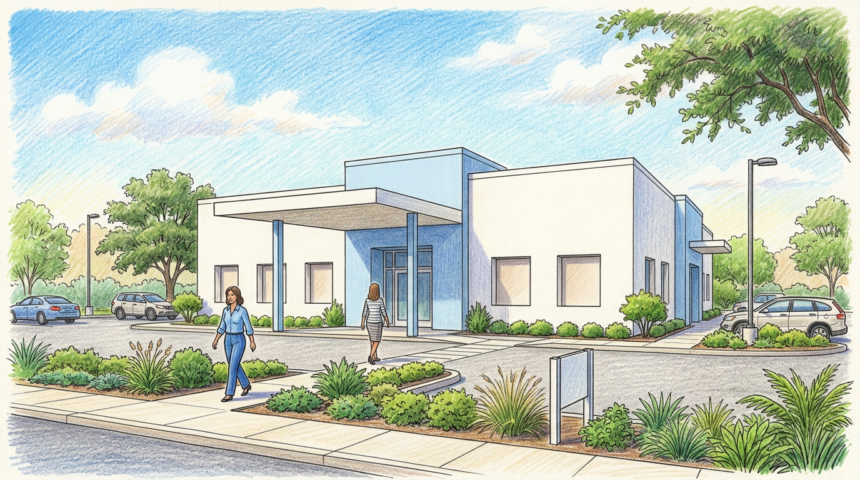 Hand-drawn illustration of a modern women's health clinic exterior in Texas