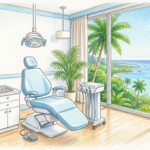 Hand-drawn illustration of a bright dental treatment room with a chair beside a window overlooking palm trees