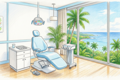 Hand-drawn illustration of a bright dental treatment room with a chair beside a window overlooking palm trees
