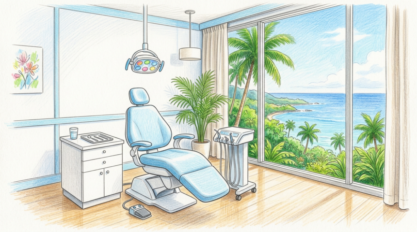 Hand-drawn illustration of a bright dental treatment room with a chair beside a window overlooking palm trees