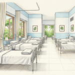 Hand-drawn illustration of a tropical hospital ward with rows of tidy empty patient beds and green palms outside
