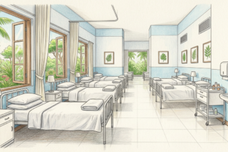 Hand-drawn illustration of a tropical hospital ward with rows of tidy empty patient beds and green palms outside