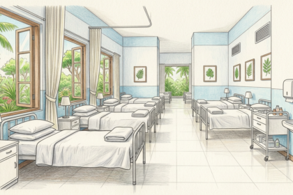 Hand-drawn illustration of a tropical hospital ward with rows of tidy empty patient beds and green palms outside