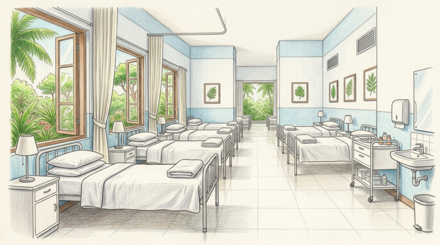 Hand-drawn illustration of a tropical hospital ward with rows of tidy empty patient beds and green palms outside