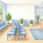 Hand-drawn illustration of a bright clinic waiting area with rows of blue chairs, plants and a light wooden counter