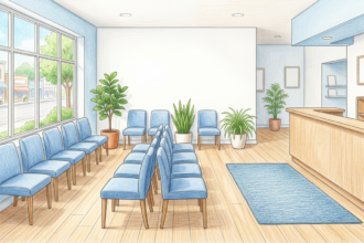 Hand-drawn illustration of a bright clinic waiting area with rows of blue chairs, plants and a light wooden counter