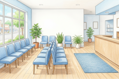 Hand-drawn illustration of a bright clinic waiting area with rows of blue chairs, plants and a light wooden counter