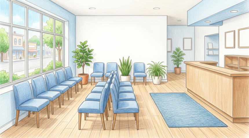 Hand-drawn illustration of a bright clinic waiting area with rows of blue chairs, plants and a light wooden counter