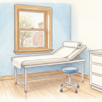 Hand-drawn illustration of a community health center exam room with an exam table, stool and plain white cabinet