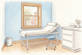 Hand-drawn illustration of a community health center exam room with an exam table, stool and plain white cabinet