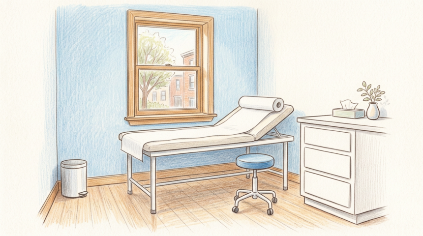 Hand-drawn illustration of a community health center exam room with an exam table, stool and plain white cabinet