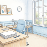 Hand-drawn illustration of a bright clinic office with a wooden desk, blank papers, a pen and a small plant