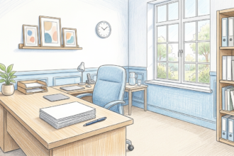 Hand-drawn illustration of a bright clinic office with a wooden desk, blank papers, a pen and a small plant