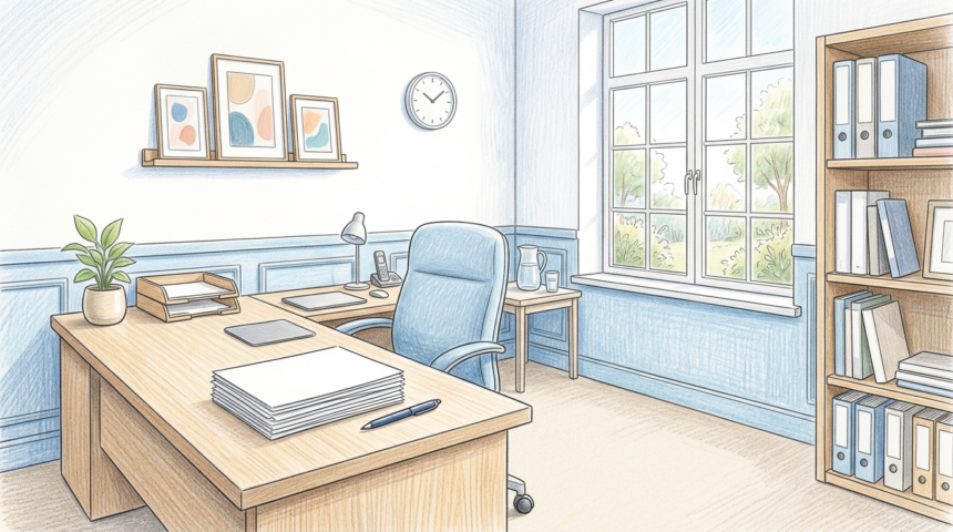 Hand-drawn illustration of a bright clinic office with a wooden desk, blank papers, a pen and a small plant