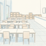 Hand-drawn illustration of a bright pharmaceutical order fulfillment office with plain desks and stacked shipping cartons