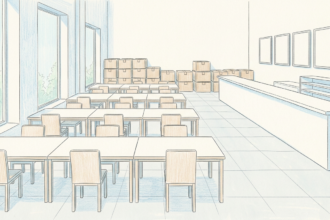 Hand-drawn illustration of a bright pharmaceutical order fulfillment office with plain desks and stacked shipping cartons